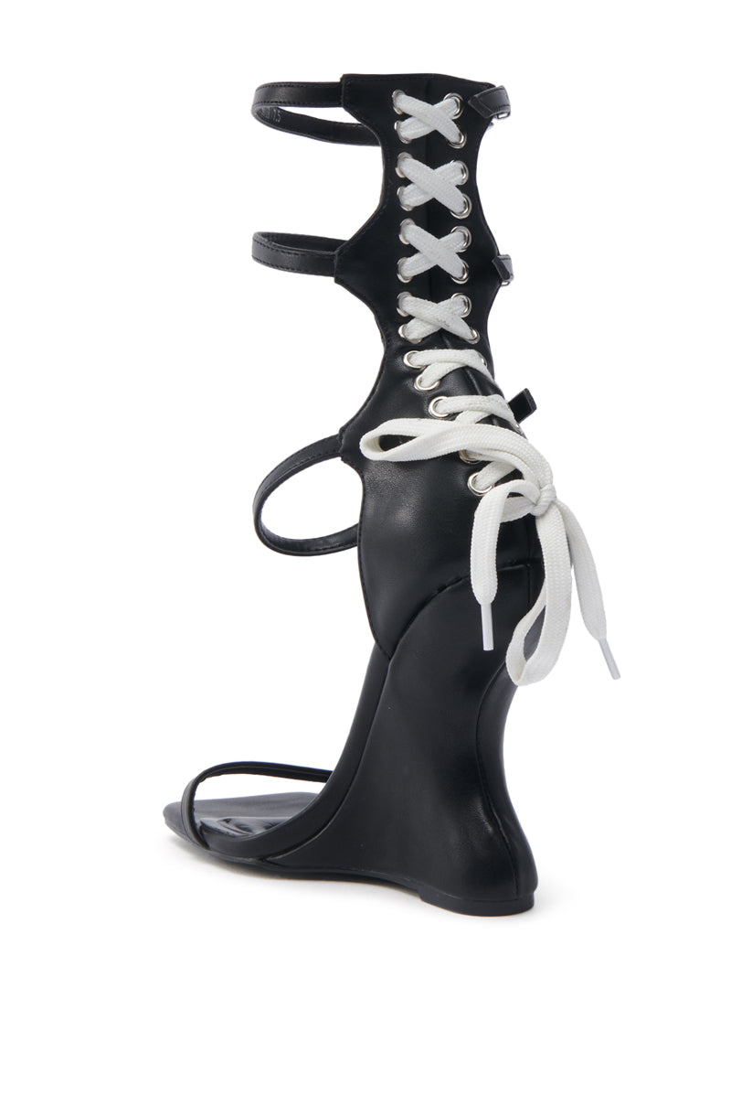 AZALEA WANG ISAAK BLACK WITH WHITE LACES WEDGE SANDAL