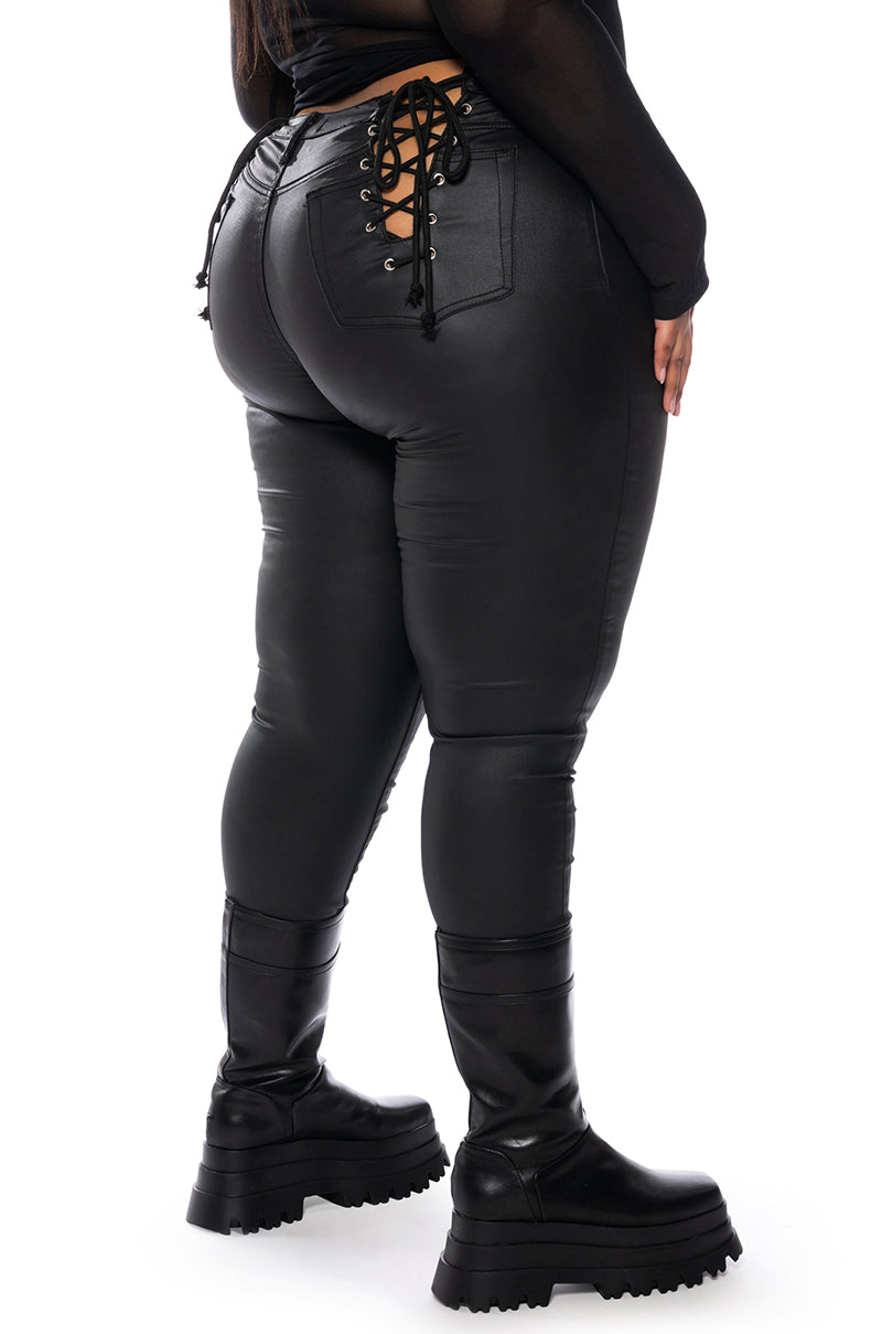 ON DUTY FAUX LEATHER LACE UP SKINNY PANTS WITH 4 WAY STRETCH